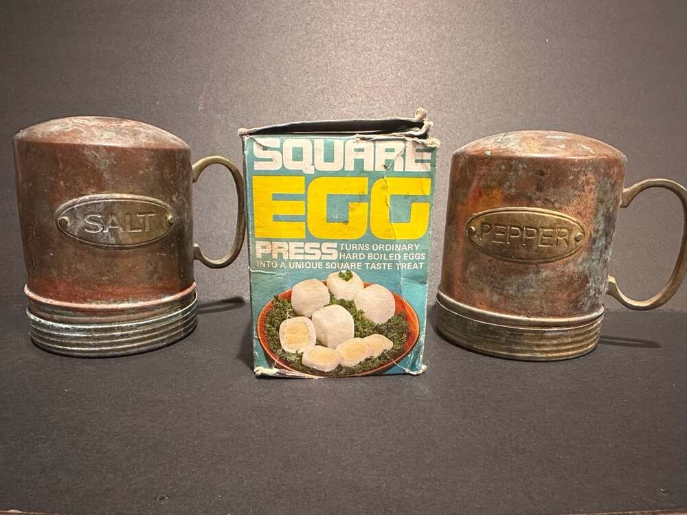 Vintage Square Egg Press Maker and Rustic Copper Salt & Pepper Shakers Set